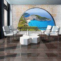 Готовые флизелиновые фотообои 3д лазурное море 254x184 см Пляж на острове за кирпичной аркой (3482V4)+клей