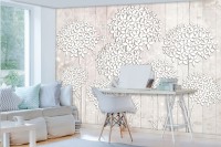 Флизелиновые фото обои имитация дерева 368х254 см Пушистые белые цветы на светлых досках (3502V8)+клей