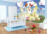 Флизелиновые фотообои детские для маленьких девочек и мальчика 368x254 см Три зайчика цветочки и бабочки 546V8+клей