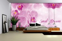 Флизелиновые фотообои в гостиную с камином цветы 254x184 см Розовые орхидеи и надпись Сладкие Мечты (778V4)+клей