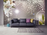 Флизелиновые фотообои в коридор цветы 368x254 см Белые лилии и блеск на сером фоне (3055V8)+клей