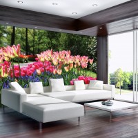 Красивые флизелиновые фотообои на кухню 3д цветы 312x219 см Тюльпаны на клумбе (3403VEXXL)+клей