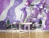 Флизелиновые фото обои в гостиную 312х219 см Красивые фиолетовые цветы на черных стеблях (1236VEXXL)+клей