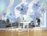 Красивые флизелиновые фотообои в гостиную 368x254 см Синие цветы на белых стеблях (1234V8)+клей