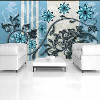 Модные флизелиновые фотообои в зал 416x254 см Голубые цветы на серо-голубом фоне (1270VEXXXL)+клей