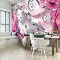 Флизелиновые фотообои цветы в интерьере спальни 254х184 см 3Д Бутоны розовых роз - бриллианты и вензеля 2494V4+клей