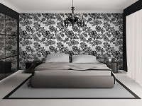 Флизелиновые фотообои в спальню над кроватью 368x254 см Бело-черная вышивка цветами (2528V8)+клей