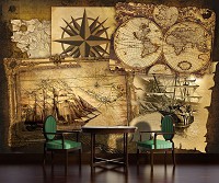 Флизелиновые фотообои в спальню над кроватью 254x184 см Винтажная карта мира и корабли (2531V4)+клей