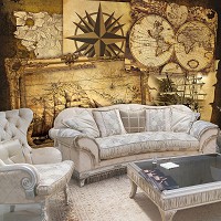 Флизелиновые фотообои на стену 368x254 см Винтажная карта мира и корабли (2531V8)+клей