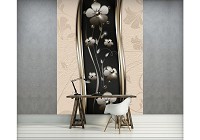Флизелиновые фотообои в спальню 184x254 см Цветы на черном фоне и бежевые полосы (2614V4A)+клей