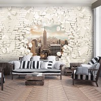 Флизелиновые фотообои город в интерьере кухни 368x254 см Нью-Йорк и 3D Кирпичная стена (2720V8)+клей
