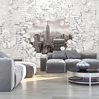 Флизелиновые фотообои под белый кирпич 368x280 см Город Нью-Йорк и 3D стена (2721V10)+клей