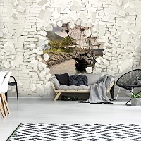 Флизелиновые фотообои в детскую спальню 416x254 см Пиратский корабль и 3D Кирпичная стена (2723VEXXXL)+клей
