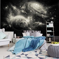 Флизелиновые фотообои космос на стену 254x184 см Черно-белая планета на фоне галактики (2732V4)+клей