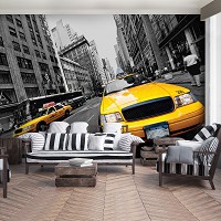 Флизелиновые 3д фотообои с машинами черно-белая улица 416x254 см Желтые такси  в городе Нью-Йорк (2766VEXXXL)+клей