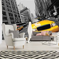 Флизелиновые 3д фотообои с дорогой черно-белая улица машины 254x184 см Желтые такси  в городе Нью-Йорк 2766V4+клей