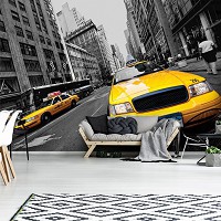Флизелиновые 3д фотообои с машинами черно-белая улица 368x254 см Желтые такси  в городе Нью-Йорк (2766V8)+клей
