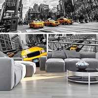 Флизелиновые 3д фотообои город машины черно-белая улица 254x184 см Коллаж желтых такси в Нью-Йорке (2767V4)+клей