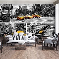 Флизелиновые 3д фотообои фото машин черно-белая улица 416x254 см Коллаж желтых такси в Нью-Йорке (2767VEXXXL)+клей