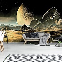 Флизелиновые фото обои темный космос детские для мальчика 368x254 см 3Д Космический корабль на планете (2806V8)+клей