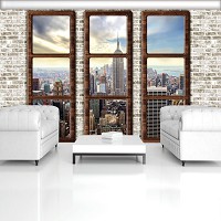 Город флизелиновые фотообои 254x184 см 3Д Небоскребы Нью-Йорка за тремя большими окнами (2832V4)+клей