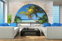Флизелиновые фотообои море пляж 312x219 см 3Д Вид на пальмы за полукруглым кирпичным проемом (2834VEXXL)+клей