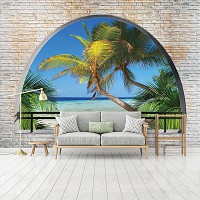 Красивые флизелиновые фотообои природа море пляж 416x254 см 3Д Вид на пальмы за полукруглым кирпичным проемом+клей
