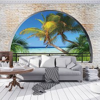Красивые флизелиновые фотообои природа море пляж 416x254 см 3Д Вид на пальмы за полукруглым кирпичным проемом+клей - вид 7 миниатюра