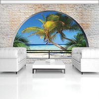 Флизелиновые фотообои море пляж 254x184 см 3Д Вид на пальмы за полукруглым кирпичным проемом (2834V4)+клей