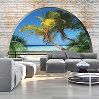 Флизелиновые фотообои в спальню природа 368x254 см 3Д Вид на пальмы за полукруглым кирпичным проемом (2834V8)+клей
