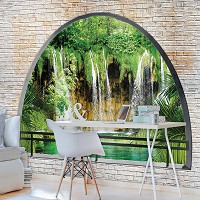 Флизелиновые фотообои природа 416x254 см 3Д Вид на водопад за полукруглым кирпичным проемом (2835VEXXXL)+клей