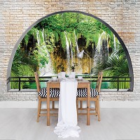 Кирпичные флизелиновые фотообои 312x219 см 3Д Вид на водопад за полукруглым проемом (2835VEXXL)+клей - вид 7 миниатюра