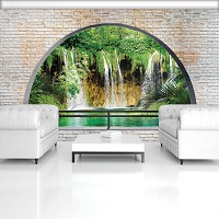 Красивые пейзажи флизелиновые фотообои 254x184 см 3Д Вид на водопад за полукруглым кирпичным проемом (2835V4)+клей