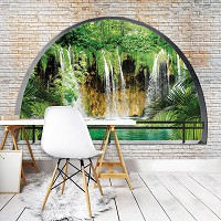 Красивые флизелиновые фотообои природа 368x254 см 3Д Вид на водопад за полукруглым кирпичным проемом (2835V8)+клей
