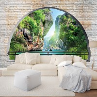 Флизелиновые фотообои природа 416x254 см 3Д Вид на скалы за полукруглым кирпичным проемом (2836VEXXXL)+клей