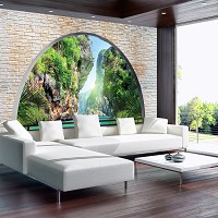 Флізелінові фотошпалери цегляна стіна 312x219 см 3Д Вид на скелі за напівкруглим отвором (2836VEXXL)+клей - вид 7 мініатюра