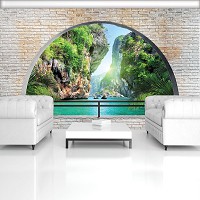 Флизелиновые фотообои кирпич 254x184 см 3Д Вид на скалы за полукруглым проемом (2836V4)+клей