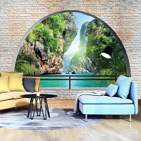 Флизелиновые фотообои природа 368x254 см Вид на скалы за полукруглым кирпичным проемом (2836V8)+клей