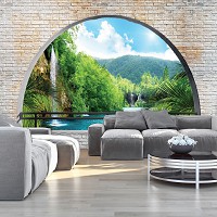 Водопад флизелиновые фотообои 416x254 см 3Д Вид на залив за полукруглым кирпичным проемом (2837VEXXXL)+клей