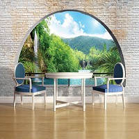 Природа водопад флизелиновые фотообои 312x219 см 3Д Вид на залив за полукруглым кирпичным проемом (2837VEXXL)+клей - вид 6 миниатюра