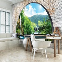 Флизелиновые фотообои природа водопад 368x254 см 3Д Вид на залив за полукруглым кирпичным проемом (2837V8)+клей - вид 8 миниатюра