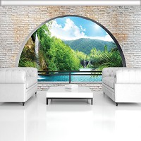 3 д флизелиновые фотообои природа водопад 254x184 см Вид на залив за полукруглым кирпичным проемом (2837V4)+клей