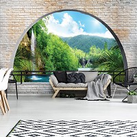 Флизелиновые фотообои природа водопад 368x254 см 3Д Вид на залив за полукруглым кирпичным проемом (2837V8)+клей