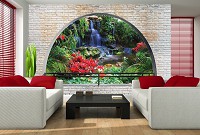 Красивые флизелиновые фотообои природа 312x219 см 3Д Водопад за полукруглым кирпичным проемом (2838VEXXL)+клей