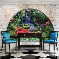 Вид из окна флизелиновые фотообои 416x254 см 3Д Водопад за полукруглым кирпичным проемом (2838VEXXXL)+клей - вид 6 миниатюра