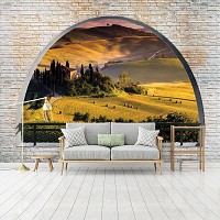 Флизелиновые фотообои кирпич в интерьере 368x254 см 3Д Тоскана за полукруглым проемом (2839V8)+клей