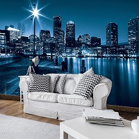 Флізелінові фото шпалери вулиця у синьому кольорі 416x254 см Яскравий ліхтар у нічному місті (283VEXXXL)+клей - вид 6 мініатюра
