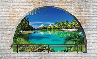 Лето пляж флизелиновые фотообои 254x184 см 3Д Гавайи за полукруглым кирпичным проемом (2841V4)+клей
