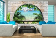 Популярные флизелиновые фотообои корабль 368x254 см 3Д Парусники за полукруглым кирпичным проемом (2842V8)+клей