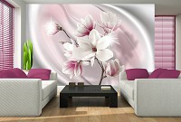 Флизелиновые фотообои для спальни 416x254 см 3Д Красивый цветок магнолии на розовом и сером фоне (2844VEXXXL)+клей